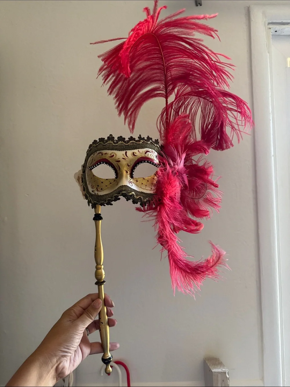 Gold Venetian Handheld Mask with Red Feather Accent